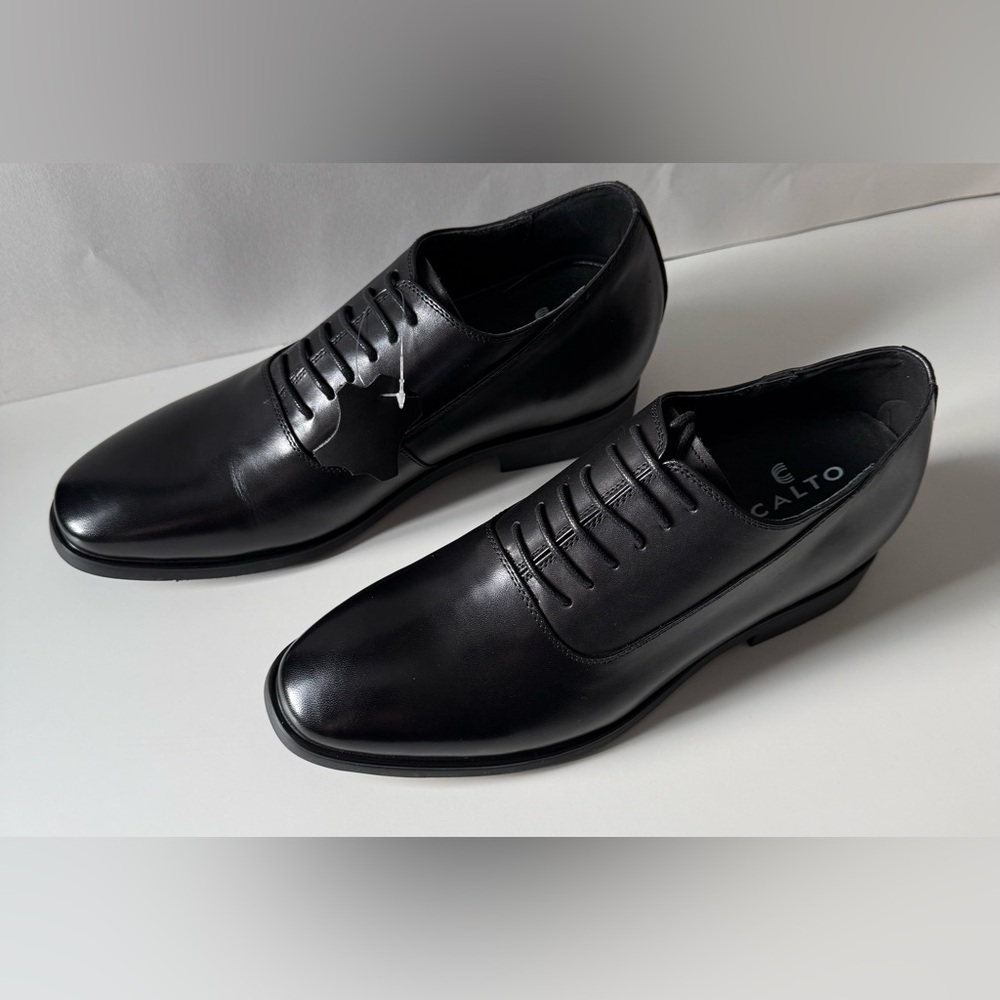 CALTO Men's Oxford 100% Leather Shoes Black Lace Up Height Increasing Size 10